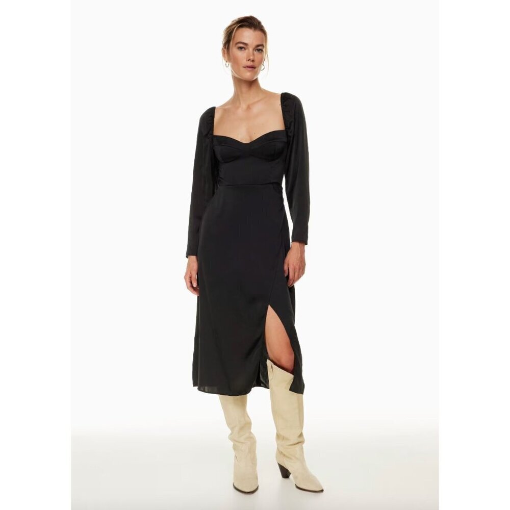 Aritzia Wilfred Satin Masquerade Dress in Black Size 4 Longsleeve Midi High Slit